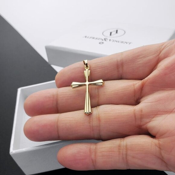 St Thomas Botonee Modern Budded Christian Cross Pendant in Real 14k Yellow Gold - Picture 3 of 3